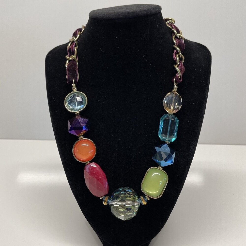 Beaded Multicolored Necklace Gold Tone Mixed Materials Rainbow Statement Chain - Picture 5 of 16